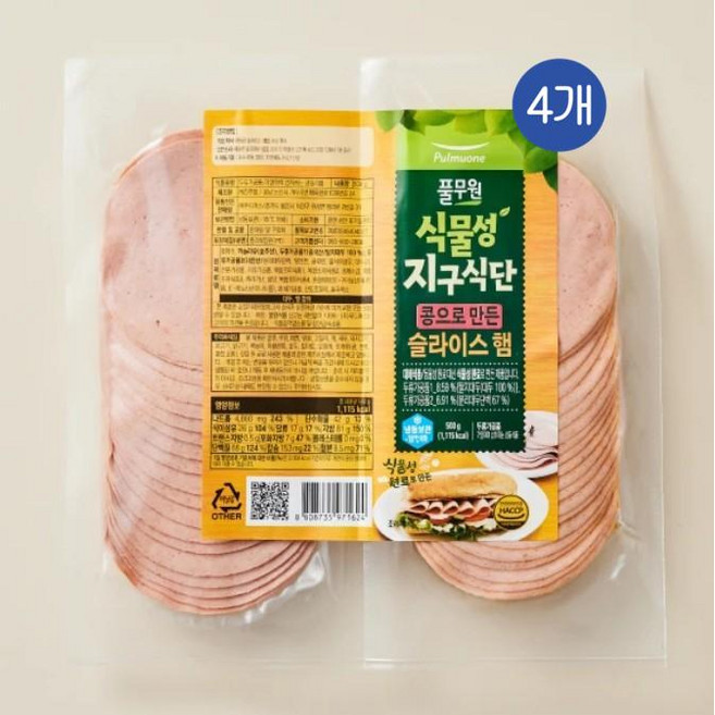 풀무원 식물성 지구식단 슬라이스햄, 4개, 500g