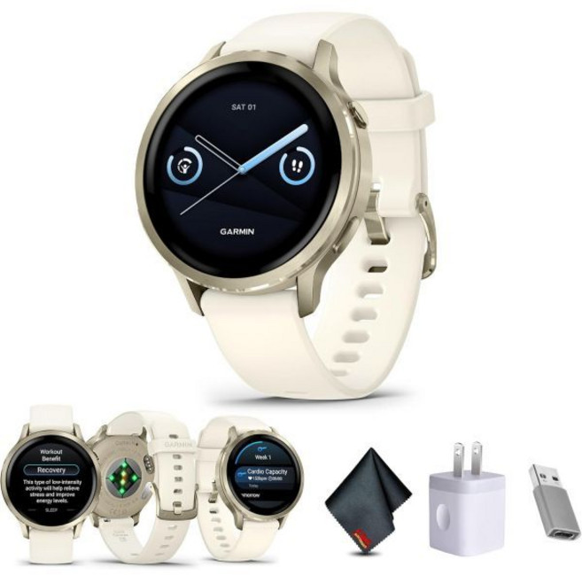 가민 비뉴 4 41mm 고급 피트니스 트래커 GPS 스마트워치 1.2인치 AMOLED 디스플레이 내장 플래시라이트 10일 배터리 수명 달빛 골드와 본 실리콘 밴드 (시계 세트), Lunar Gold w/ Bone, Lunar Gold w/ Bone