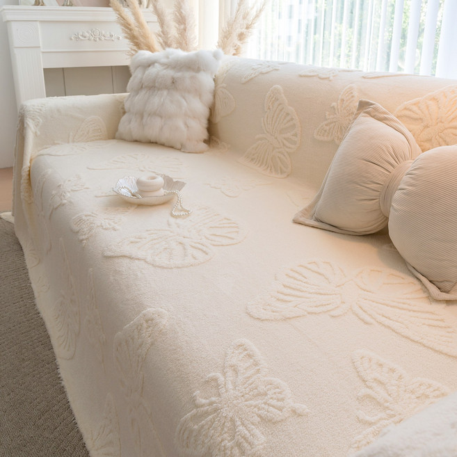 FEIFAN 나비 사계절용 먼지없고 벨벳 쇼파커버 4인용, 1개, 미백색