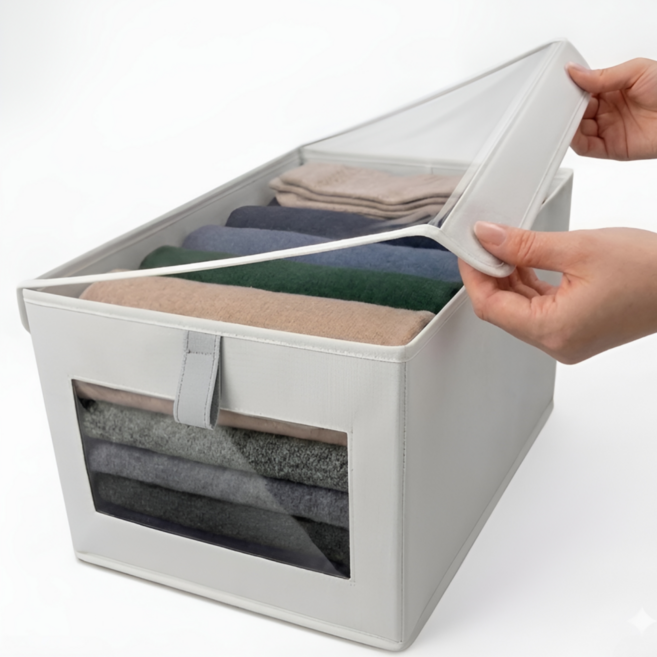 지티오비 의류 정리함 접이식 옷정리 박스 투명창 옷장 수납정리함, 1개, 크림베이지