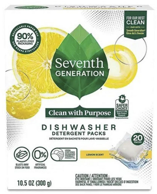 세븐스제너레이션 클린 위드 퍼포즈 디쉬워셔 세제 팩 레몬 센트 20개입, 1개, 300g