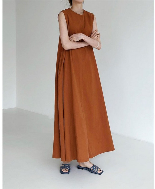 POMTOR 여성 루즈핏 슬리브리스 롱 원피스 끈나시 데일리