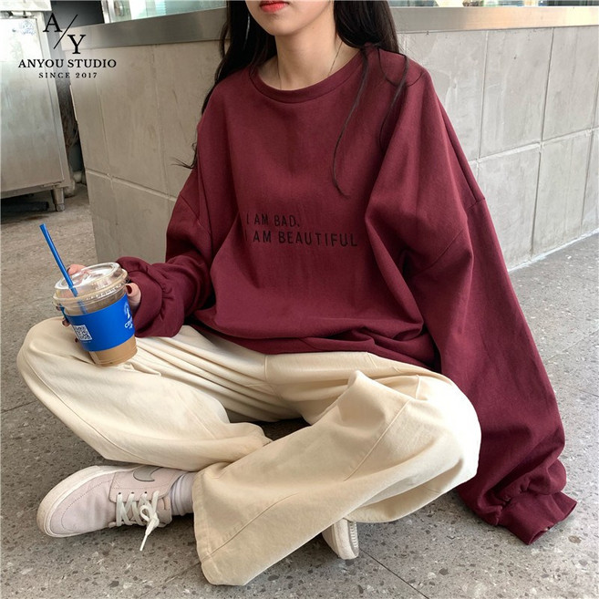 ANYOU 여성용 썸머 얇은 라운드넥 레터링 맨투맨 루즈핏 여름 긴팔 티셔츠 데일리룩 필수 아이템 편한 착용감