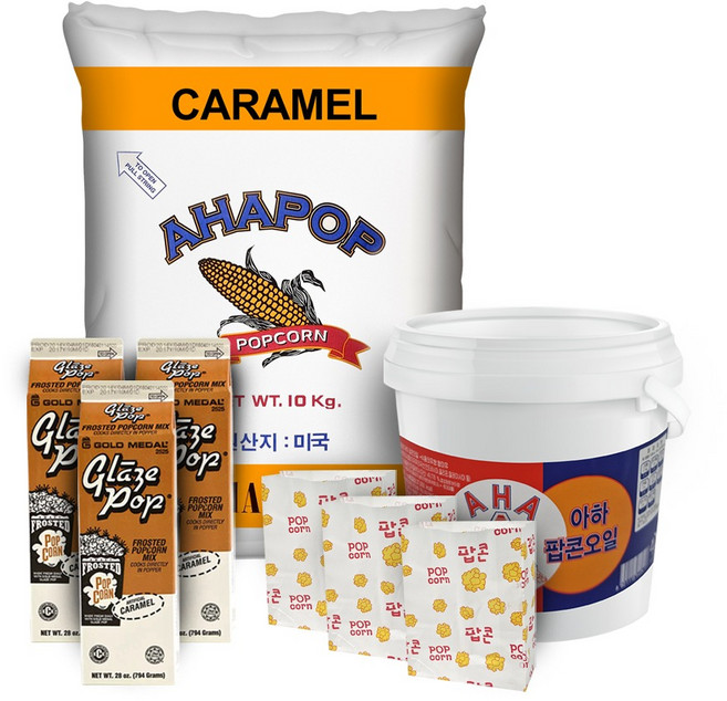 펀코리아 카라멜 팝콘세트 보겔 머쉬룸 팝콘옥수수 10kg 보겔팝콘오일 3kg 카라멜 3팩 팝콘봉투 소 300장, 794g