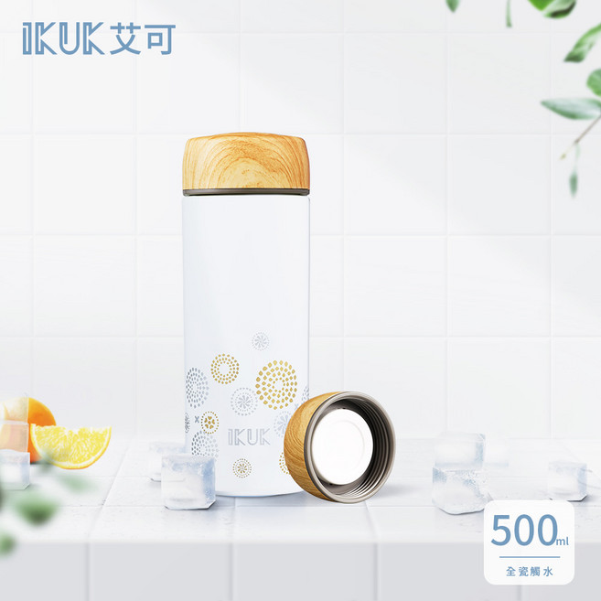 IKUK 艾可 陶瓷內膽保溫杯 木紋蓋 輕巧保溫瓶, 花火白, 1個, 500ml