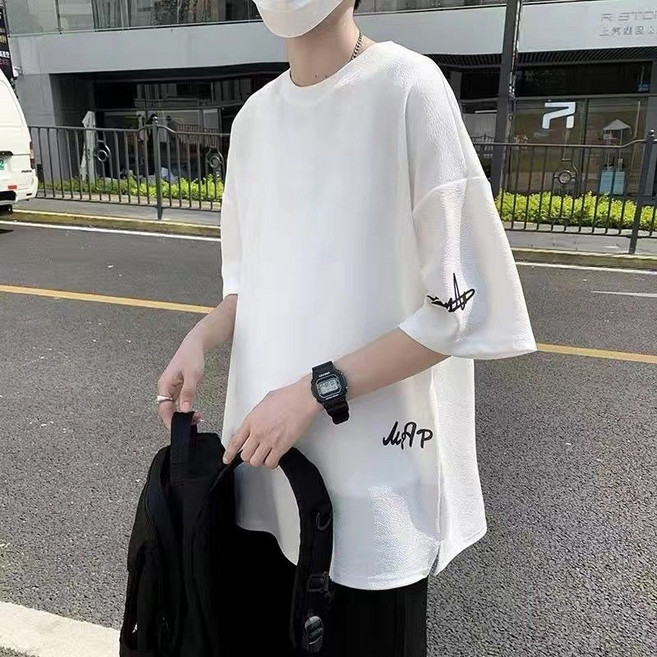 男士印花七分袖T恤 夏季薄款潮流寬鬆大碼韓版冰絲上衣
