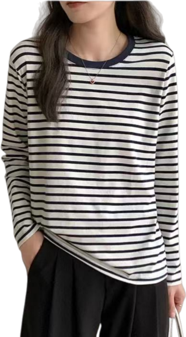 Makone 여성 라운드넥 스트라이프 캐주얼 데일리 루즈핏 티셔츠