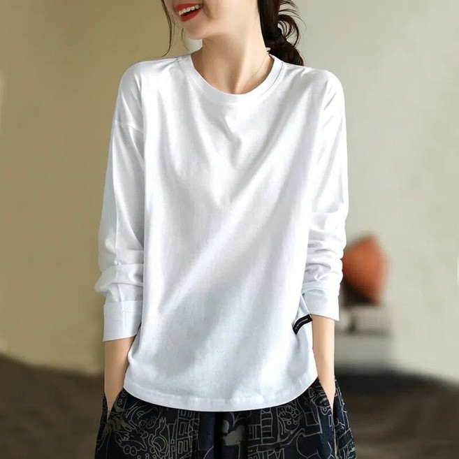 2026 봄 프리오더 여성 긴팔 티셔츠 루즈핏 라운드 면티 이너 무지티 기본티셔츠 문예 상의 빅사이즈