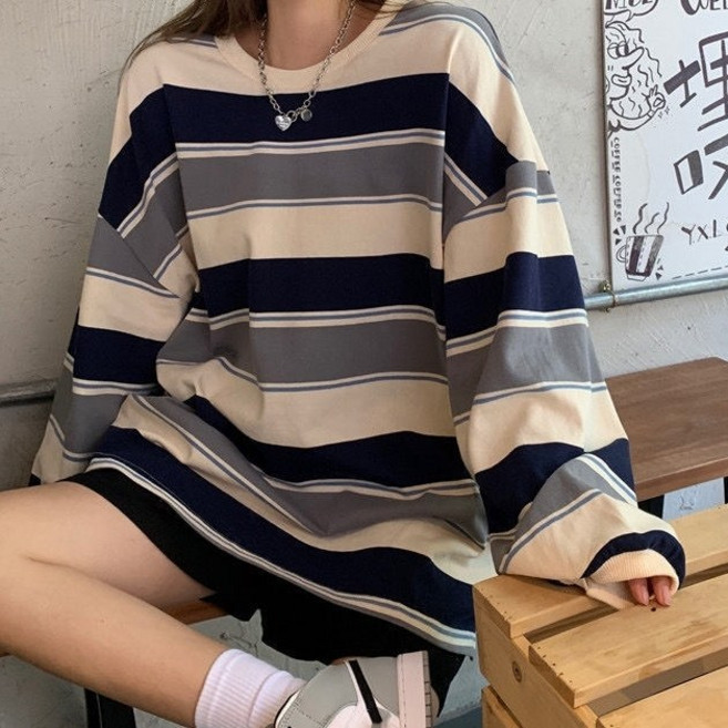 플랜와이 여성 배색 스트라이프 오버핏 티셔츠