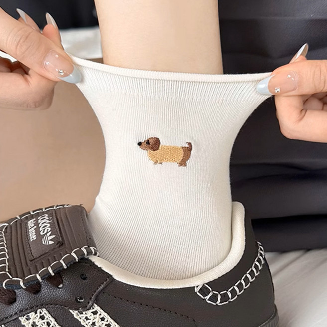 Paipaidx 강아지 자수 여성 미들 스타킹 소프트 밀착감 사계절 5켤레 착용 가능