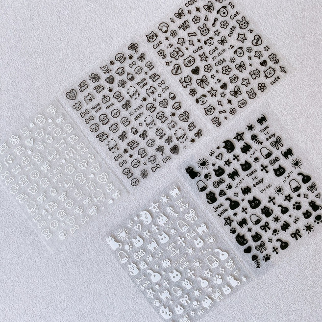 셀프 네일스티커 귀요미 블랙앤화이트 5종세트, 1개, 강아지고양이 스티커