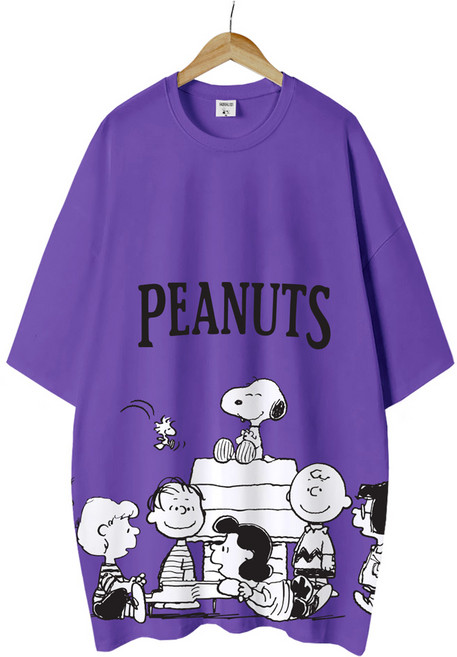 엠제이스타 피너츠 여성 우리들세상 반팔 루즈핏 롱 프린팅 캐릭터 티셔츠 오버핏 반팔티