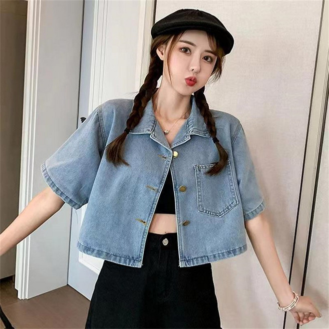 besteffie 여성 하객룩 봄여름 캐주얼 데님 반팔 크롭 자켓 싱글 버튼 청자켓 여성자켓 K51