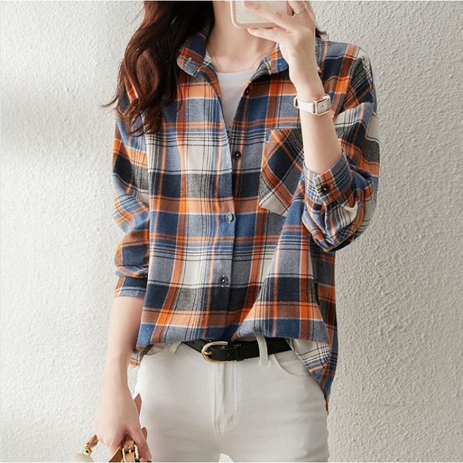 SAHINER 봄가을 여성 데일리 체크 루즈핏 긴팔 셔츠 LWACS74