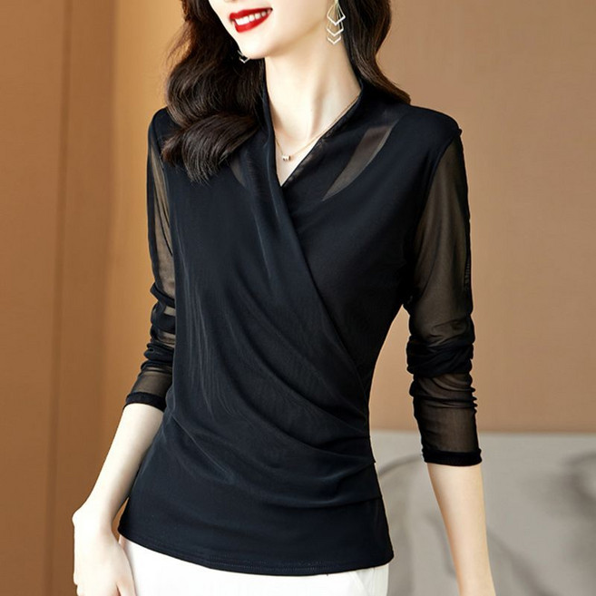 봄 가을 펀칭 레이스 블라우스 여성 패션 브이넥 긴팔 티셔츠 트렌디 시크룩 빅사이즈 이너 상의 SJS