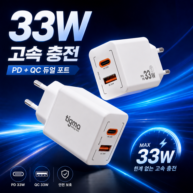 티그마 33W PD PPS C타입 USB 2포트 고속 충전기 어댑터 케이블 세트 갤럭시 아이폰, 1개, 수량
