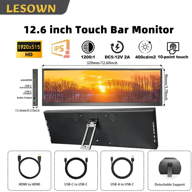 LESOWN 직사각형 디스플레이 12.6" PC/노트북/게임/라즈베리 파이용 초소형 휴대용 터치 모니터 1920x515 I, 03 12.6in Touch Monitor