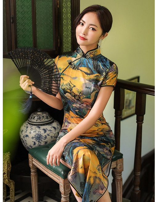 復古絲綢印花長旗袍 清新優雅風洋裝 修身顯瘦 日常宴會表演必備, 單色