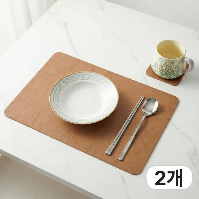 앤아일즈 고급 소가죽 무늬 가죽 테이블 식탁 매트 + 코스터 세트, 2개, 45x30cm, 라이트브라운