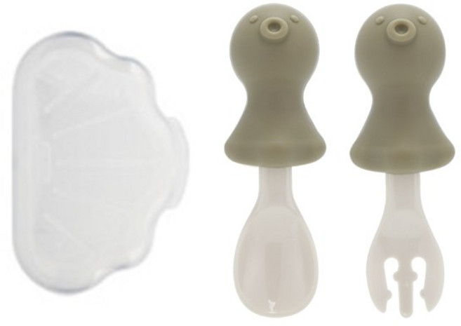 에디슨 자기주도 실리콘 스푼 포크 케이스 세트 아기 문어, Muted beige, 포크 및 스푼 + 케이스, 1세트