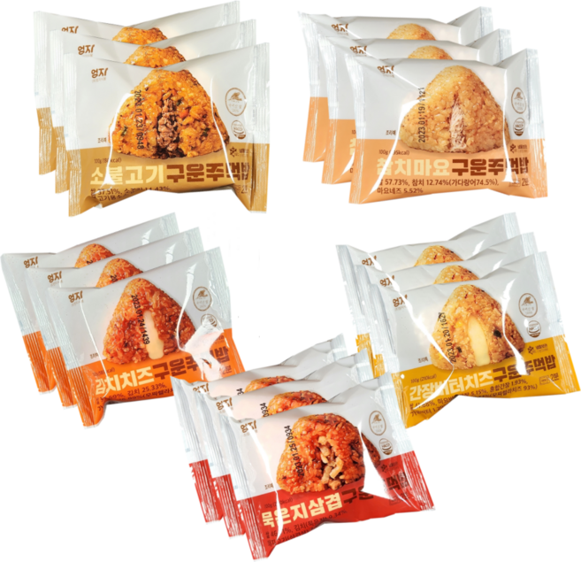 엄지 구운주먹밥 5종 15개 세트+첵스초코30g 1봉 우리쌀로 만든 든든한 간편식 구운주먹밥 참치마요 김치치즈 간장버터치즈 소불고기 묵은지삼겹 각3봉씩 냉동식품 삼각밥 개별포장, 1세트, 150g