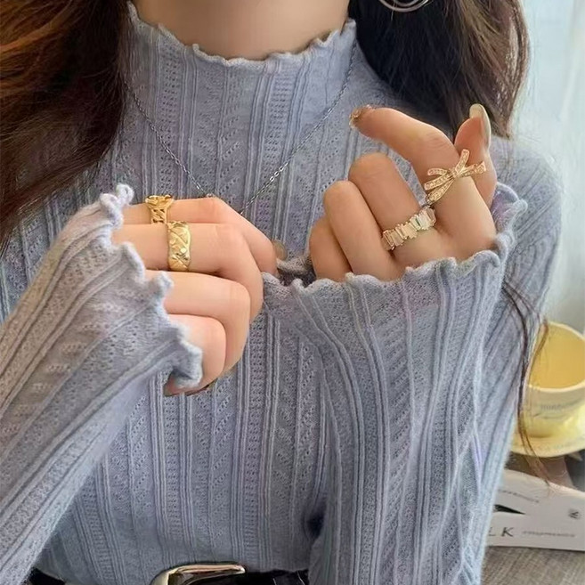 [웨일쓰] 여성 골지 니트 반폴라 물결티셔츠 데일리 기본템 겨울 이너 스웨트