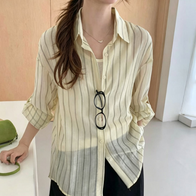 루엔나 여성용 빅사이즈 텐셀 남방 스트라이프 셔츠 긴팔 블라우스