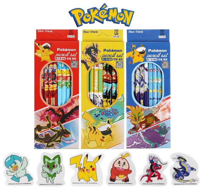 포켓몬스터 연필지우개세트, 포켓몬스터 연필8입 x3개+지우개6입