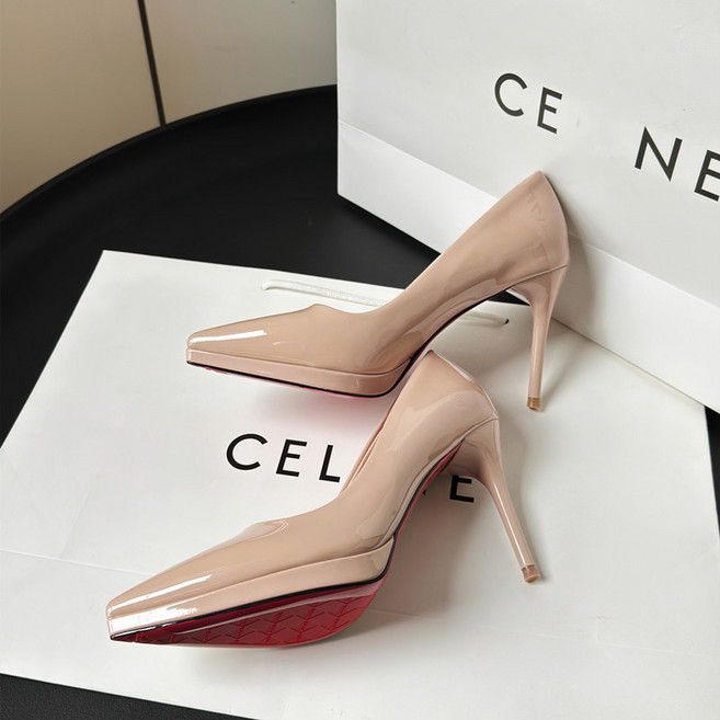 時尚走秀漆皮高跟鞋 - 性感氣質細跟單鞋, 裸色,38