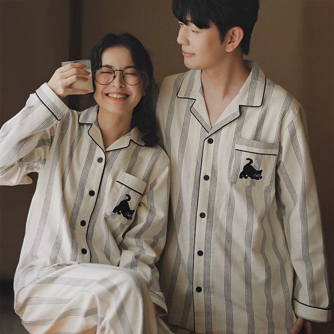 예스이 여성 남성 긴팔 잠옷 상하의 세트 커플 홈웨어 수면 파자마 실내복