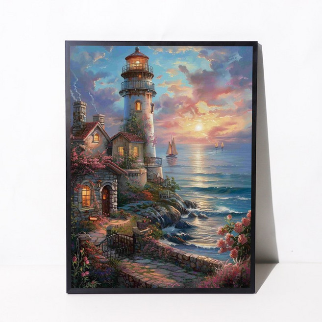 뉴타임즈 보석십자수 40 x 30 cm 널빤지형 메탈 액자 DIY 세 트 해바라기 풍경 사진 홈 인테리어 특별한 선물 다이아 그림 자수 세트 핸드메이드 마니아, 1세트, KP-FJ000 석양에 뜬 성