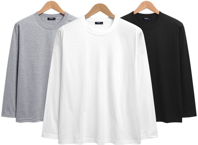 탑보이 3장 세트 30수 라운드 긴팔 쭉티 무지 면티 흰티 남녀공용 빅사이즈 티셔츠 (SCC5258PT)