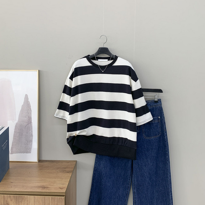 [행복여] 컬러드 배색 스트라이프 루즈핏 반팔 맨투맨 티셔츠
