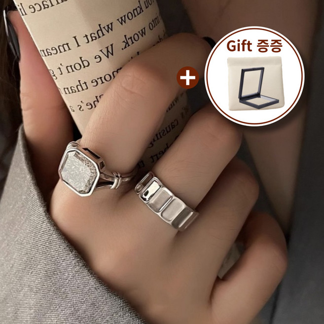 LuckyGlory 실버 925 큐빅 다이아 엔틱 오픈링 고퀄리티 사각모양 여성반지 아모아 은반지 사이즈 조절가능한 고급 반지 세트 + 사은품