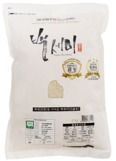 백세미 백미, 상등급, 4kg, 1개