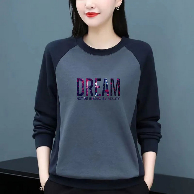 중년 여성 라운드넥 기모 맨투맨 가을 겨울 빅사이즈 엄마 티셔츠 캐주얼 프린트 루즈핏 긴팔티 상의 SJS