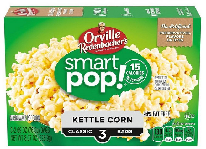 Orville Red 레드enbacher's 전자레인지 팝콘 SMART 스마트Pop! 케틀 콘 1회 제공량당 4g 섬유 76.5g2.7온스 3개입, 버터 팝콘