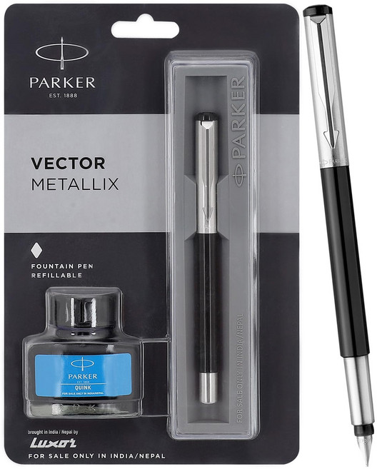 Parker Vector Mettalix Chrome Trim Fountain Pen with Quink Ink Bottle - Blue
