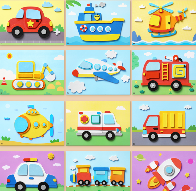 EVA 스티커 유아 만들기 놀이 집콕놀이 어린이 미술놀이 그림그리기 동물스티커 자동차스티커 바다물고기스티커, 12세트, 자동차친구들