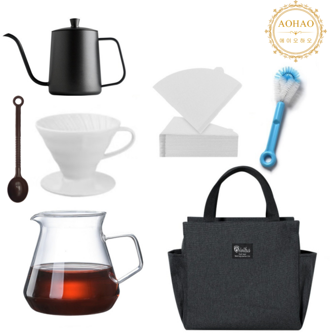 AOHAO 캠핑 핸드드립 7종 커피 세트 홈카페 V60, 1세트, 600ml, 드립포트+드리퍼+계량스푼+서버+필터+브러쉬+전용가방