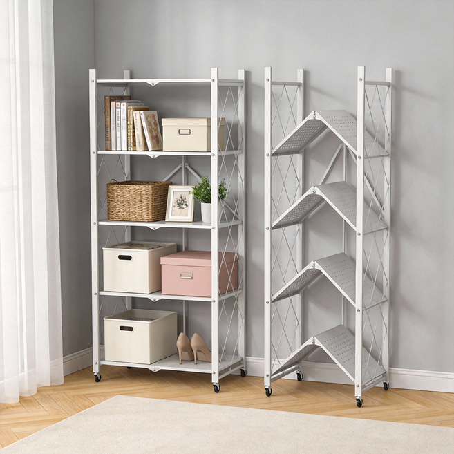 다용도 이동식 선반 원터치 접이식 철제 스탠드 선반, 5단, 화이트