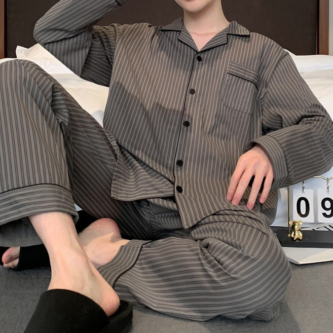 코지데일리 커플 남녀공용 블랙 스트라이프 커플 수면잠옷 상하의 세트