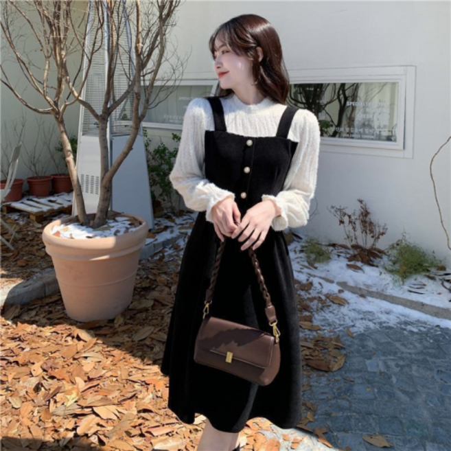 네디아 긴팔 슬림 페이크 투피스 미디 원피스 스몰부터 빅사이즈까지 스웨터 드레스