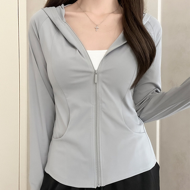 黑色連帽防曬衣女夏季修身輕薄透氣冰絲防曬服戶外運動開衫外套薄, M