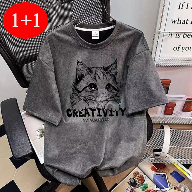 FINE ART 1+1 남성 캐릭터 스웨이드 반팔티 빅사이즈 반팔 티셔츠 두꺼운 라운드티 오버핏 상의 데일리