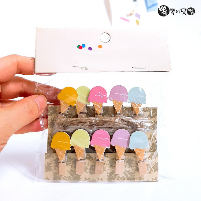 뽁뽁이닷컴 나무집게 캐릭터 나무집게 모음 - 사진걸이 장식소품, 14_캐릭터집게_아이스크림(10p+마끈)