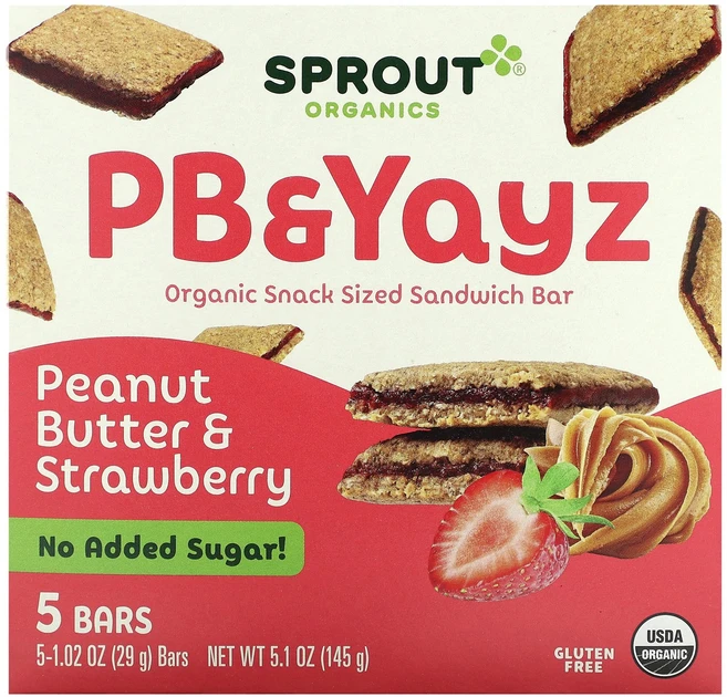 Sprout Organics PB & Yayz 유기농 스낵용 샌드위치 바 땅콩 버터 및 딸기 맛 바 5개 각 29g(1.02oz) Organics (스프라우트 오가닉스 - 쿠팡