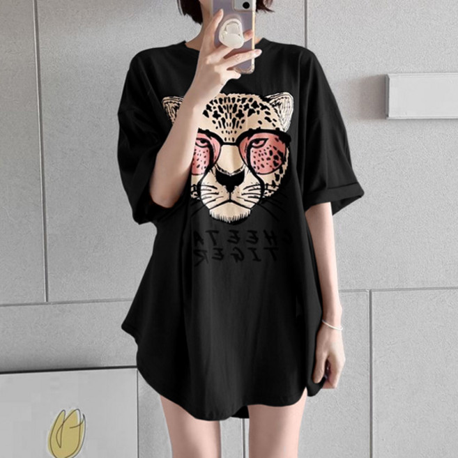 마이쏭 여성 루즈핏 빅사이즈 반팔티 라운드넥 캡틴치타프린팅박시롱티