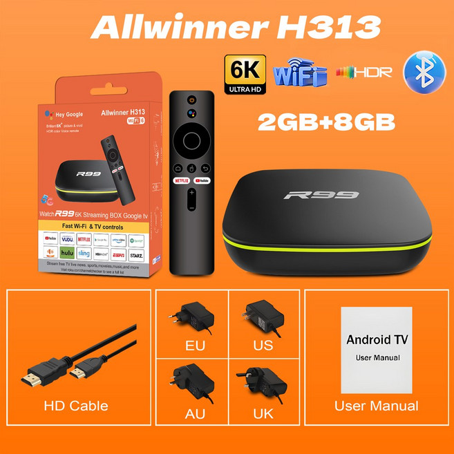 스마트 TV 박스 R99 프로젝션 기능 안드 10 올위너 H313 쿼드 코어 6K 지원 음성 미디어 플레이어 셋톱, 2GB 8GB, Au 플러그, 1개