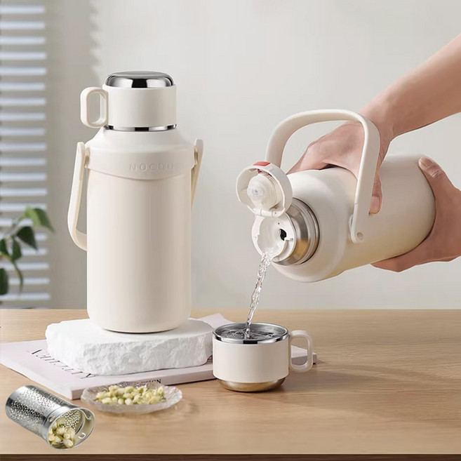 ZOZOFO 식품용 대용량 316 스테인리스 보온보냉병 한 뚜껑 두 용도 컵+티 스트레이너 포함 다용도 아웃도어 보온병, 1개, 1.2L, 화이트